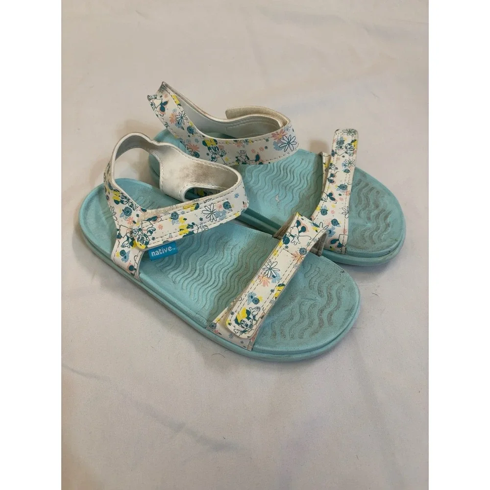 Native x Disney Minnie Mouse Floral Sandals Girls Size 1 Blue Hook & Loop